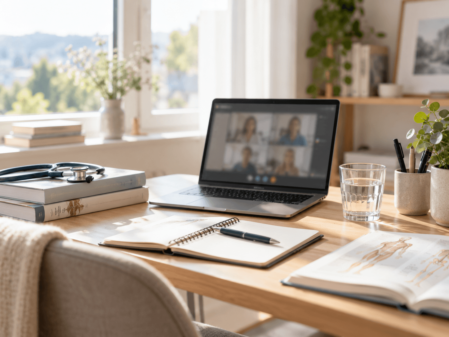 Ruhiges Online-Coaching-Setting mit Laptop und Notizen