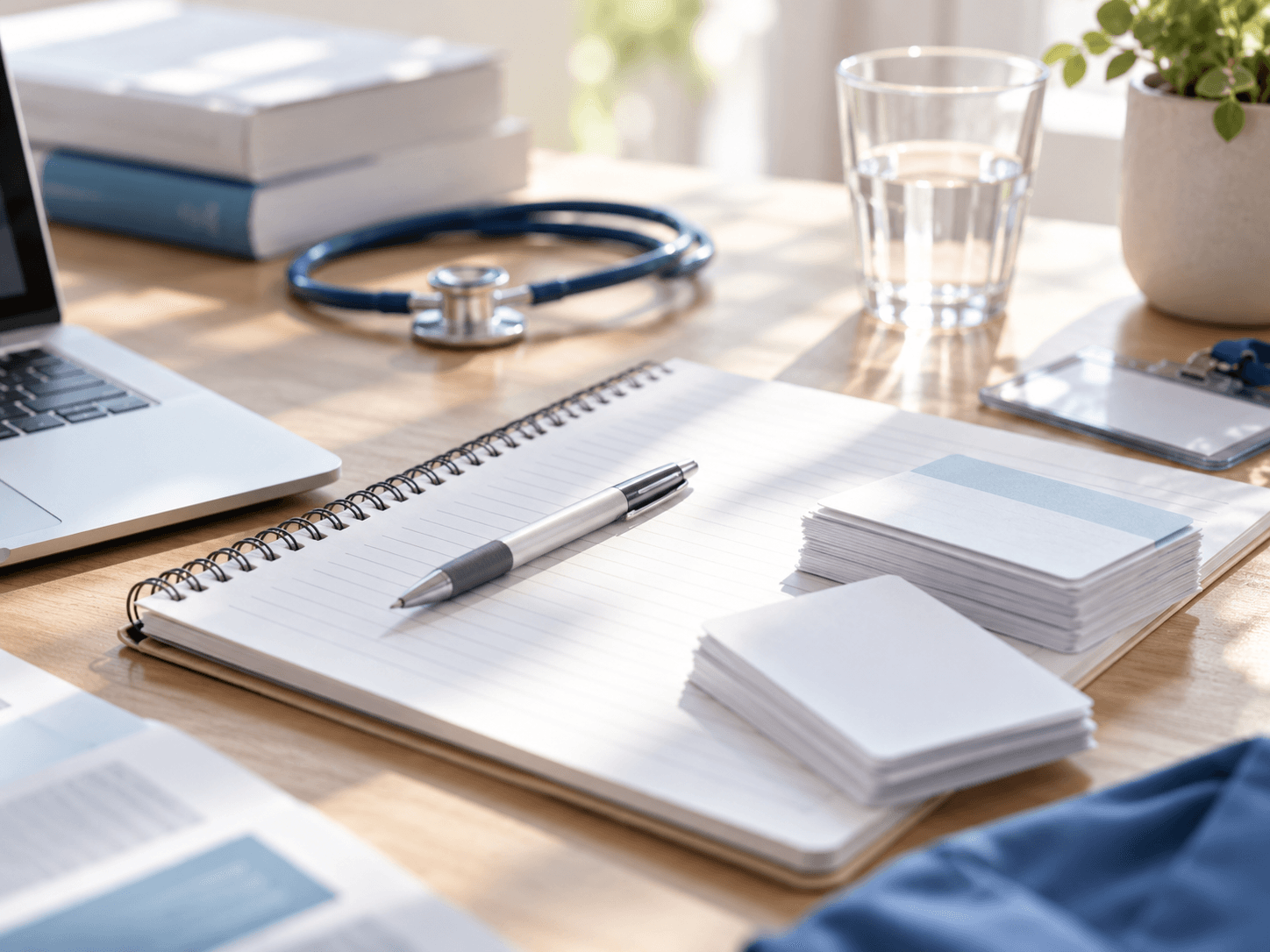 Lernnotizen, Karteikarten und Stift auf einem Tisch
