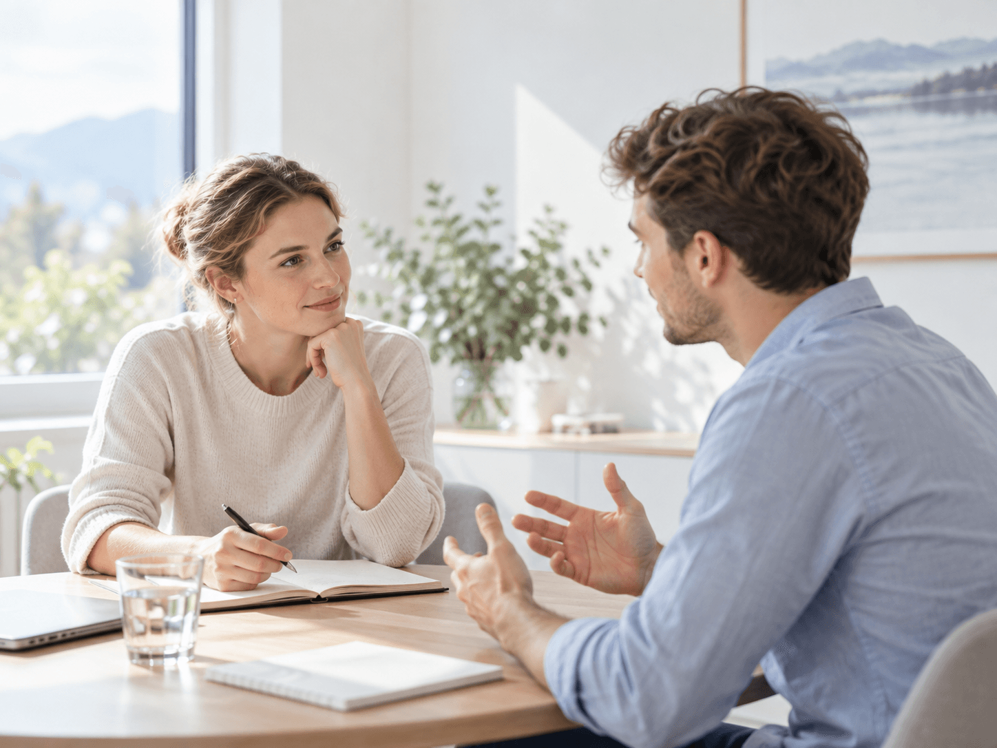Ruhiges Coaching-Gespräch in einem hellen Beratungsraum